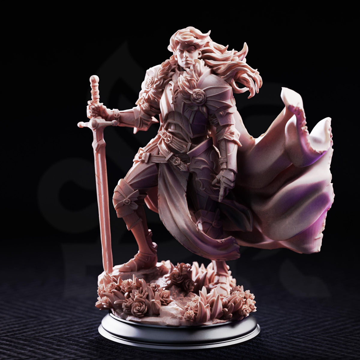 A detailed figurine of a knight in shining armor, holding a sword and standing on a pedestal with flowers.
