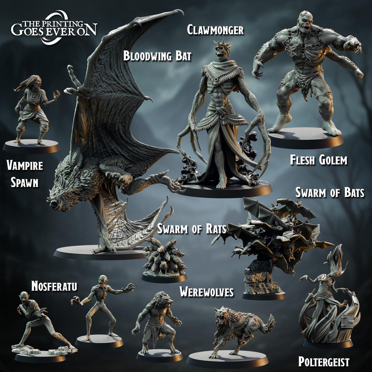 a collection of various fantasy creatures and characters, including a bat, a vampire spawning figure, a clawmonger, a Bloodwing Bat, a Flesh Golem, a Swarm of bats, a Nosferatu, werewolves, and a Poltergeist.