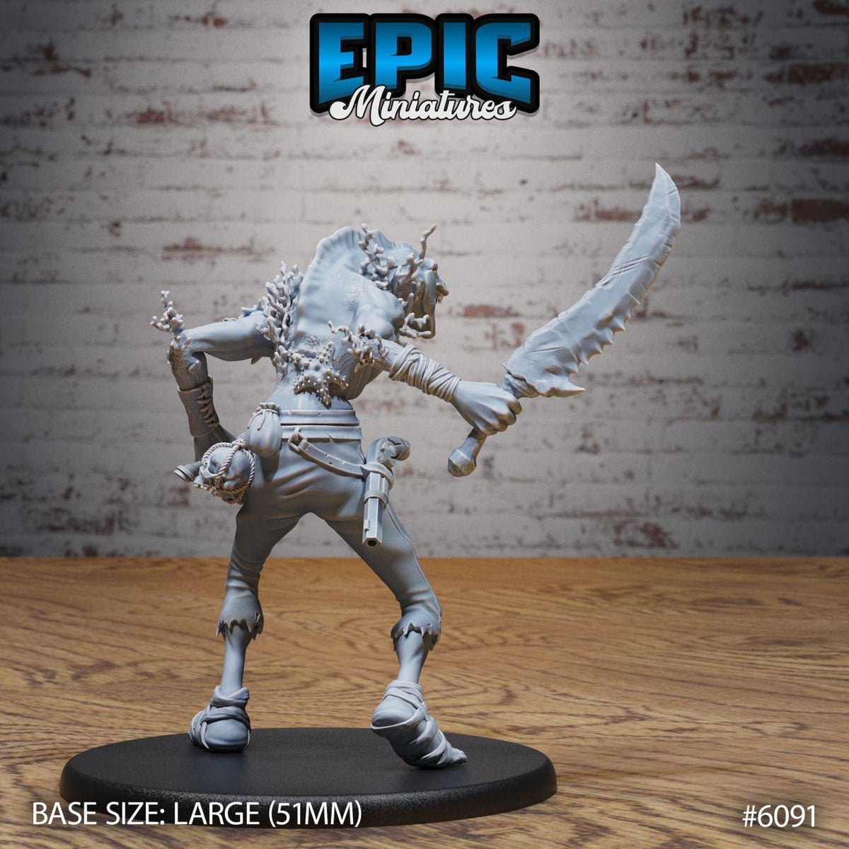 A figurine of a pirate-like character with a sword and other accessories, displayed on a black base.