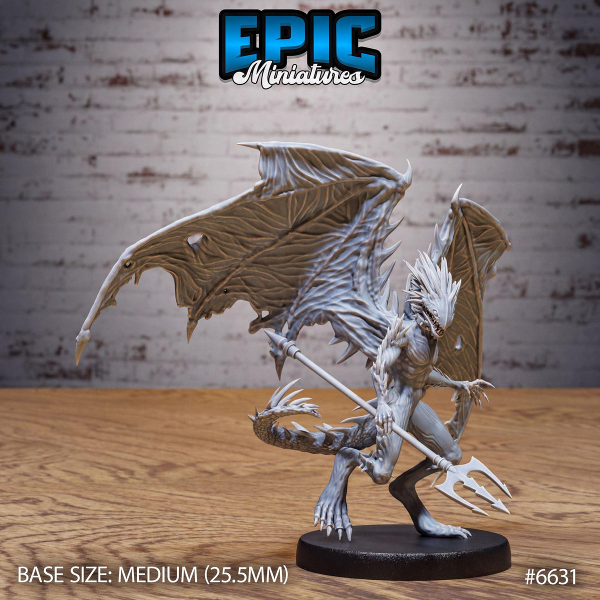 A 3D model of a winged creature with sharp teeth, standing on a black base and holding a weapon. The creature appears to be a fantasy creature with a fierce expression.
