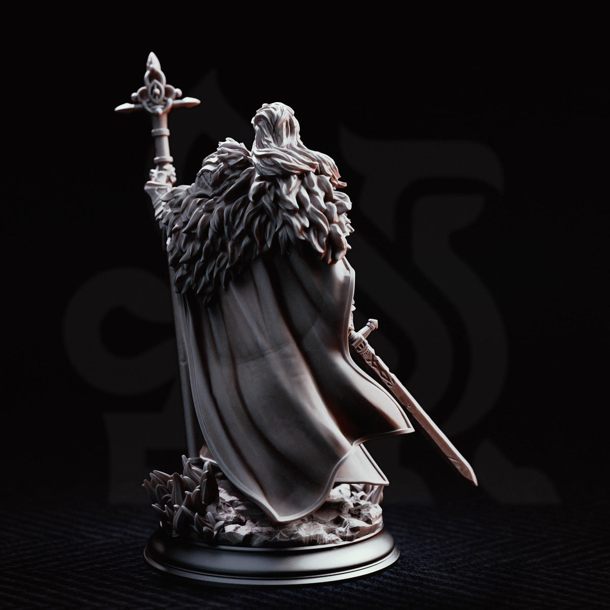 A detailed 3D model of a fantasy character, possibly a deity or a magical being, standing on a pedestal and holding a staff or staff-like object.