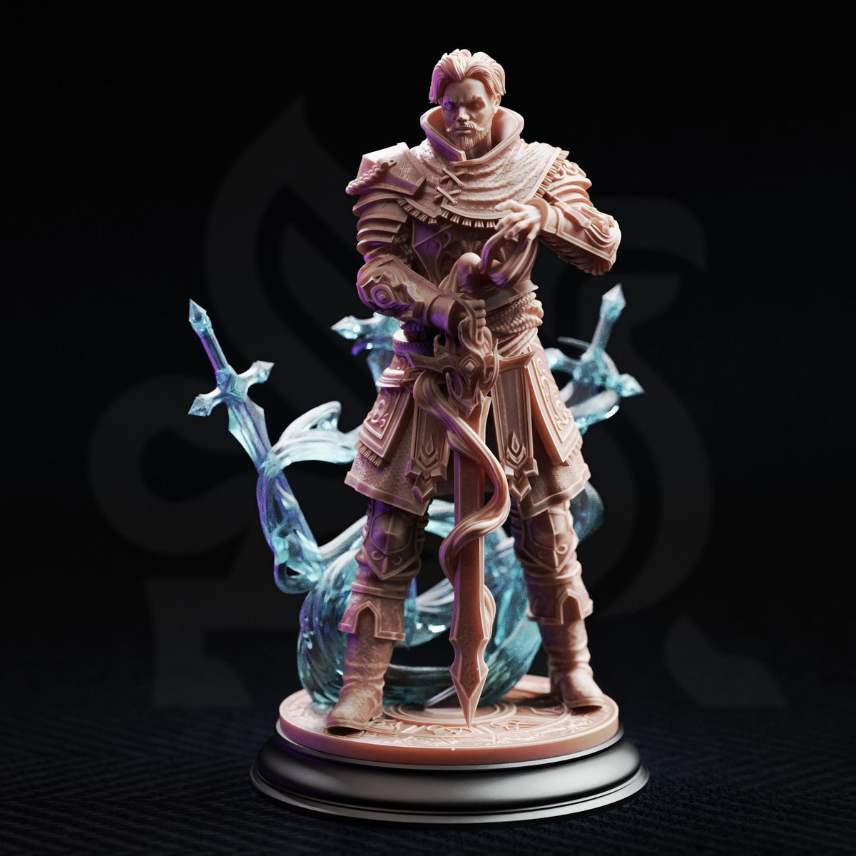 A figurine of a knight standing on a pedestal, holding a sword and surrounded by a swirling, ethereal energy.