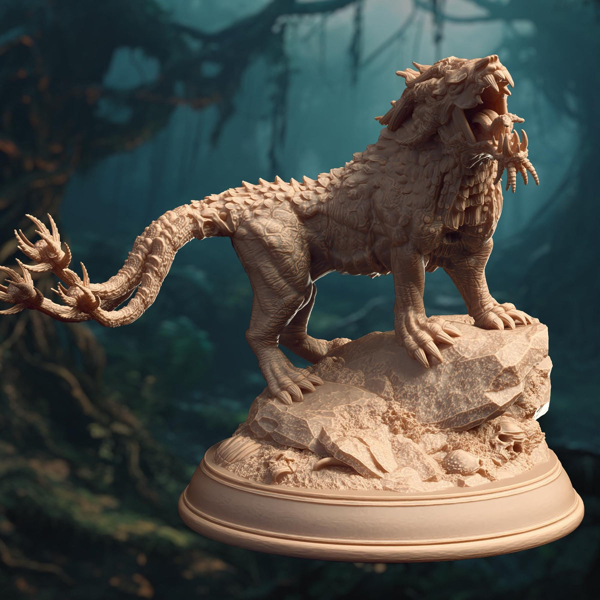 A detailed sculpture of a fierce-looking creature, possibly a mythical or fantastical animal, standing on a rock and appearing to roar or growl.