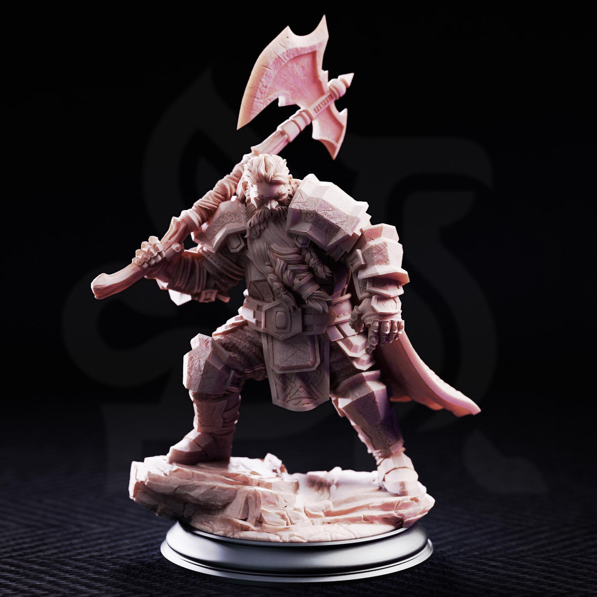 A figurine of a warrior figure holding a large weapon, standing on a platform against a dark background.