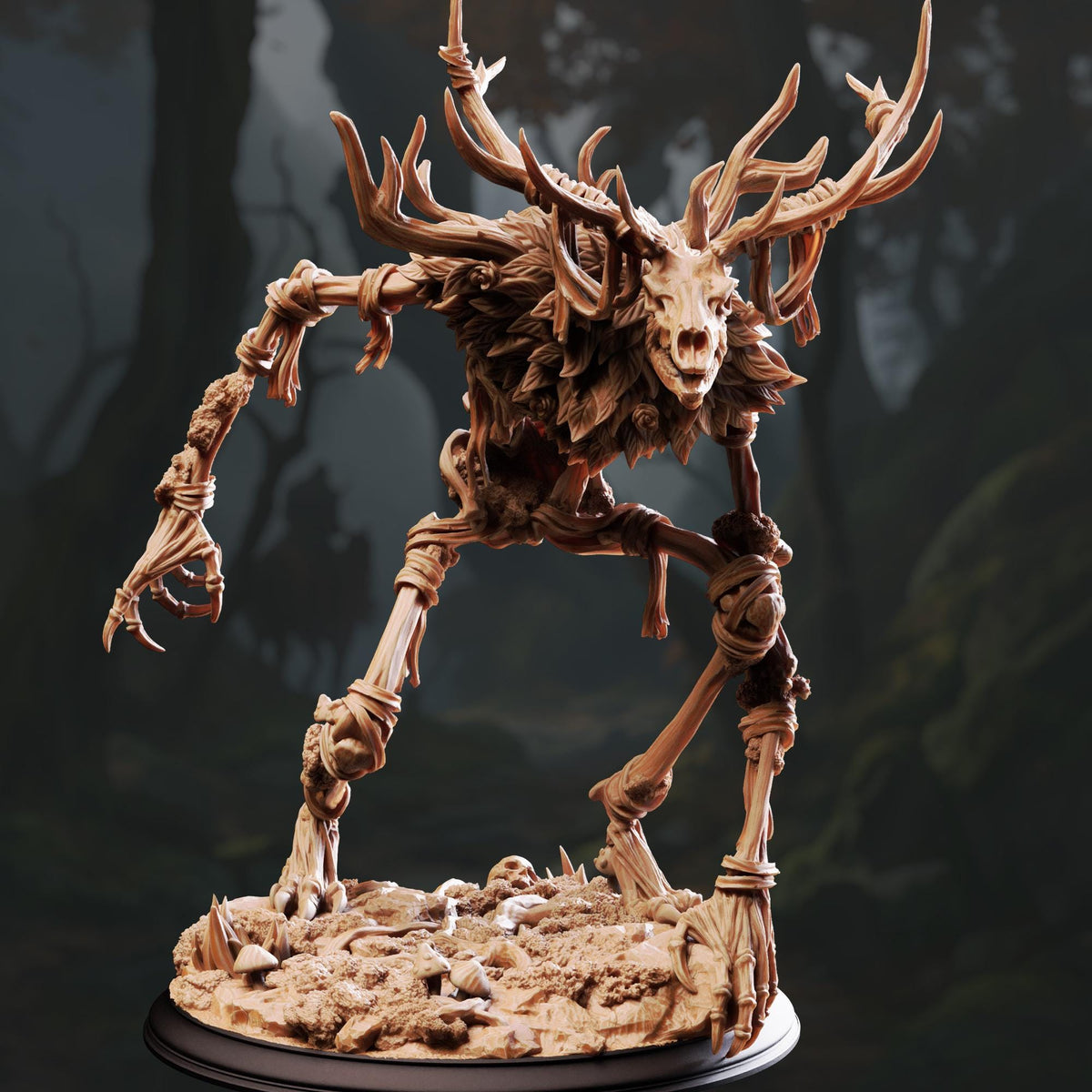 A detailed 3D model of a fantastical creature with antlers, claws, and a fierce expression, standing on a rocky base.