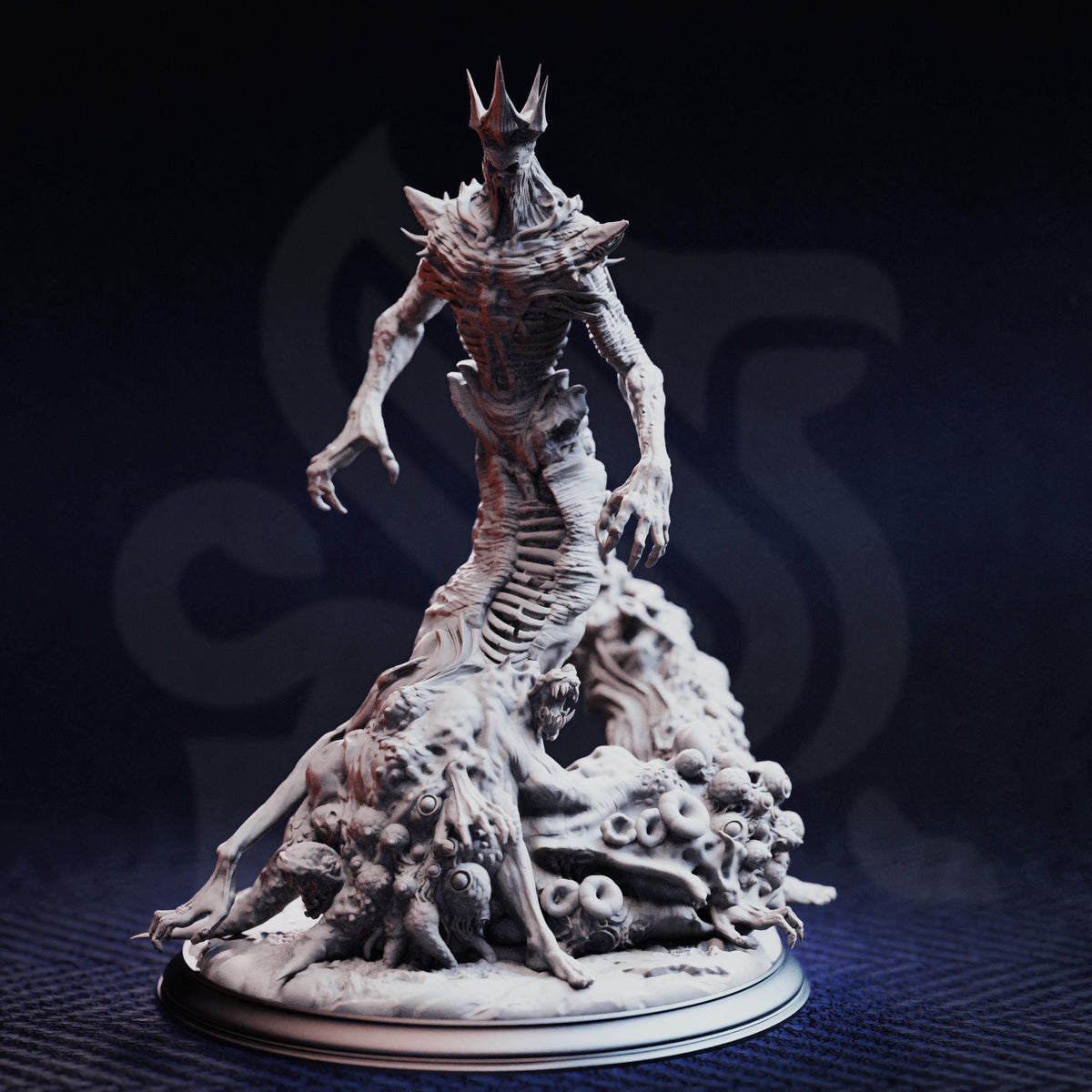 A detailed 3D model of a fantastical creature with a crown-like head, standing on a base and surrounded by a chaotic, organic-looking structure.