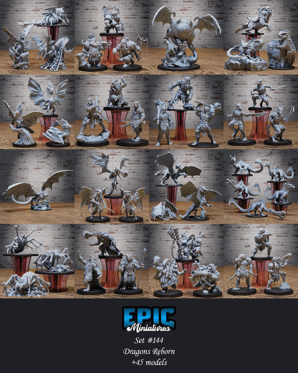 a collection of miniature figurines depicting various dragons and fantasy creatures, arranged in a grid-like pattern.