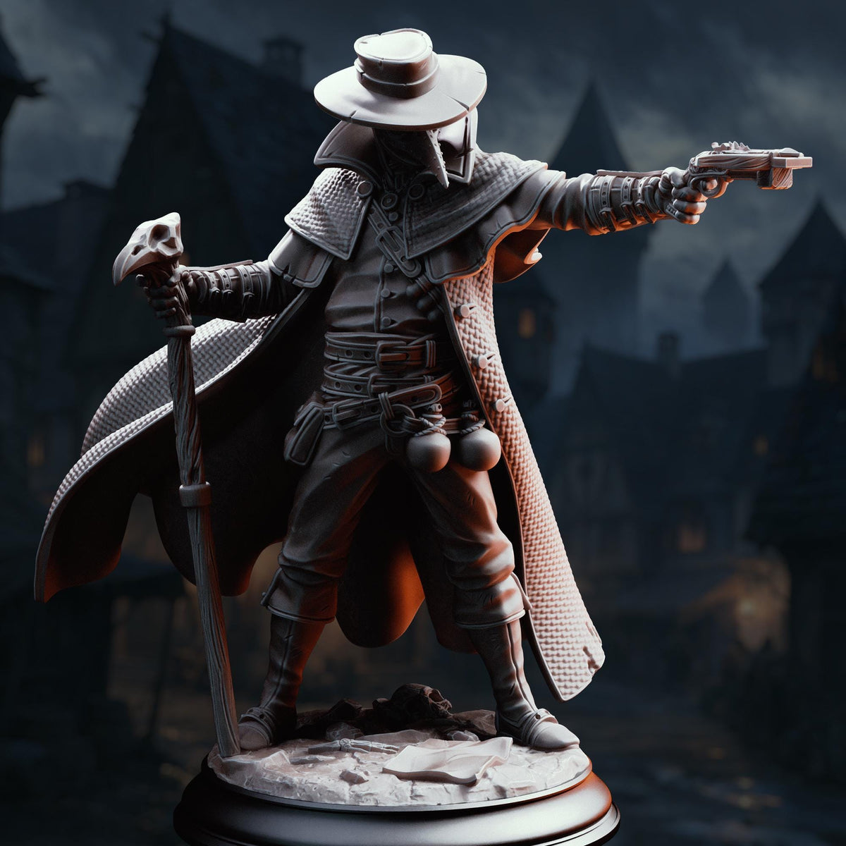 A detailed 3D rendering of a character in a medieval-style outfit, holding a gun and standing in a dark, atmospheric setting.