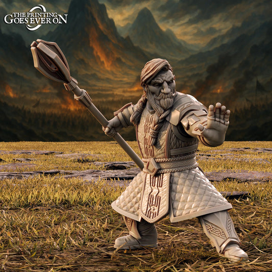 A detailed 3D model of a dwarf warrior standing in a grassy field, holding a large weapon and wearing a distinctive outfit.