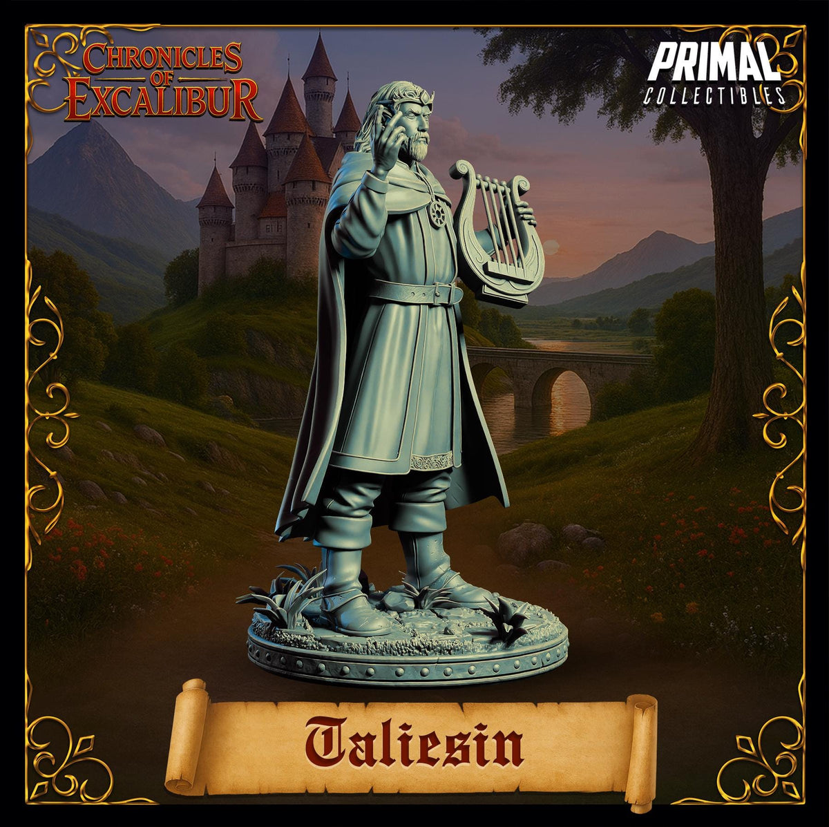 a statue of a man playing a harp, set against a castle and a landscape with mountains in the background.