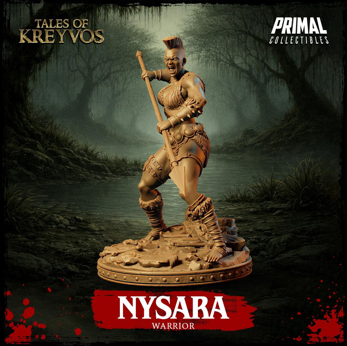 a statue of a warrior named Nyssara, standing in a forest setting.