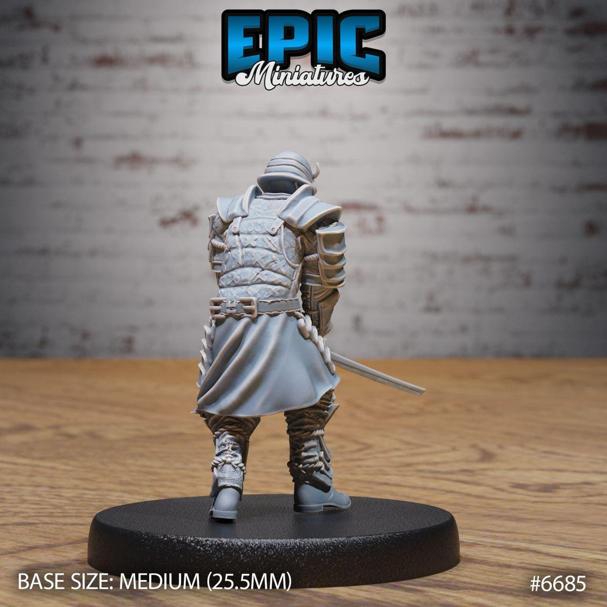 A figurine of a warrior standing on a black base, wearing a gray outfit with a sword in hand.