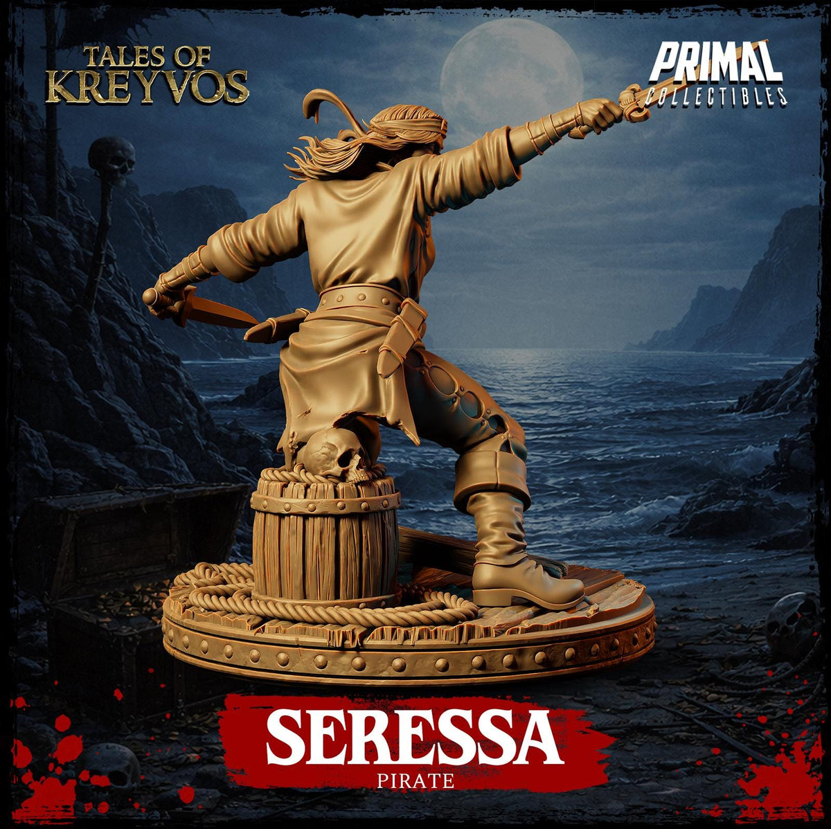 a pirate statue with a skull on its back, set against a dark, stormy background with a full moon.