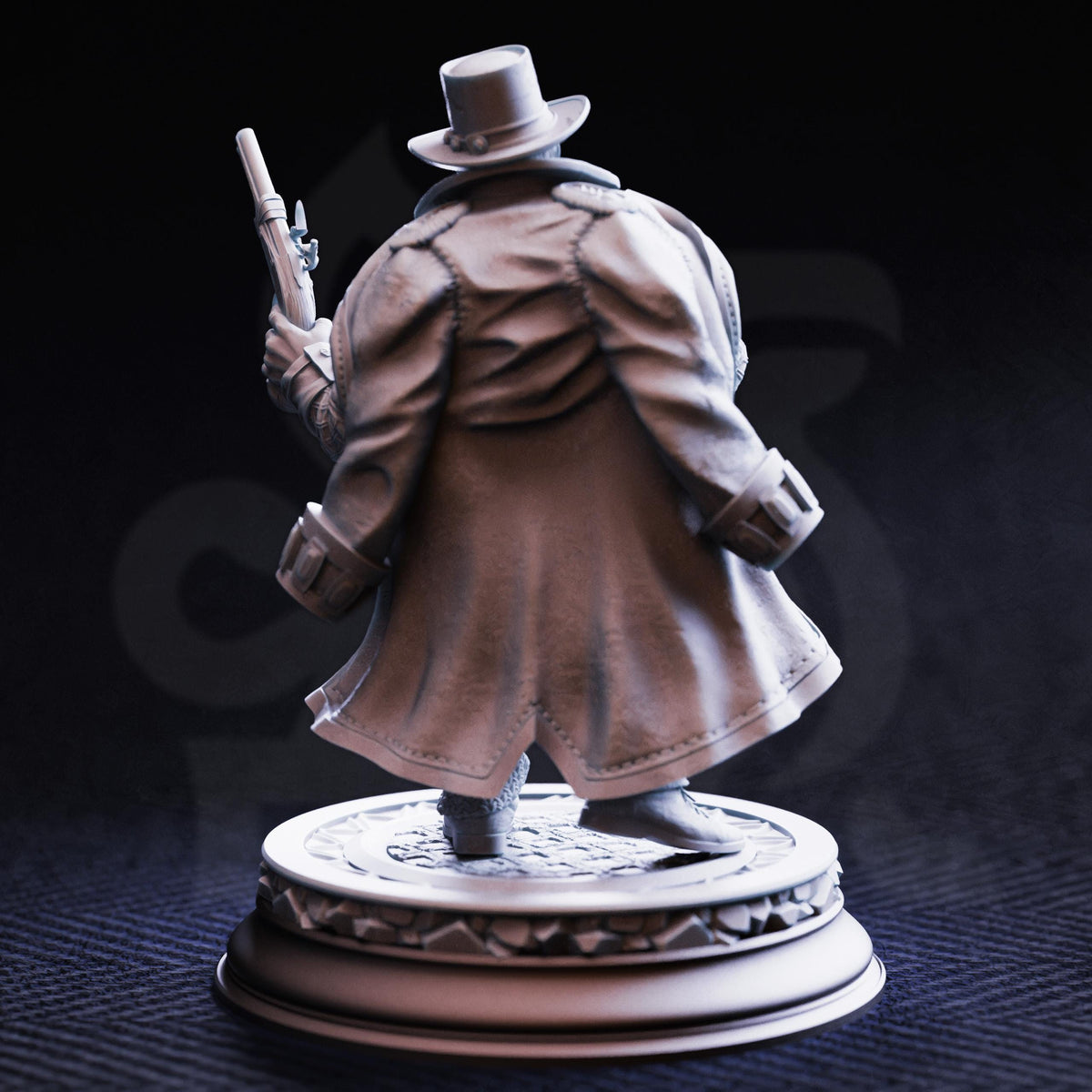 A statue of a person wearing a top hat and coat, holding a gun, standing on a pedestal.