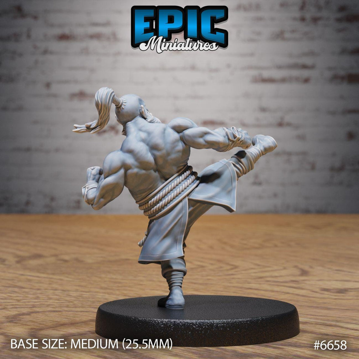 A 3D model of a muscular male character in a fighting stance, with a rope around his waist, standing on a black base.