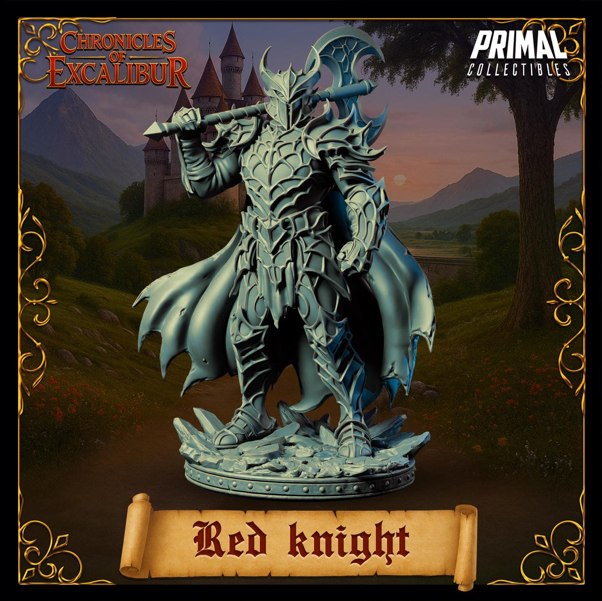 A statue of a knight in armor, holding a sword and shield, standing in front of a castle in a fantasy setting.