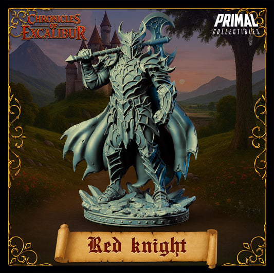A statue of a knight in armor, holding a sword and shield, standing in front of a castle in a fantasy setting.