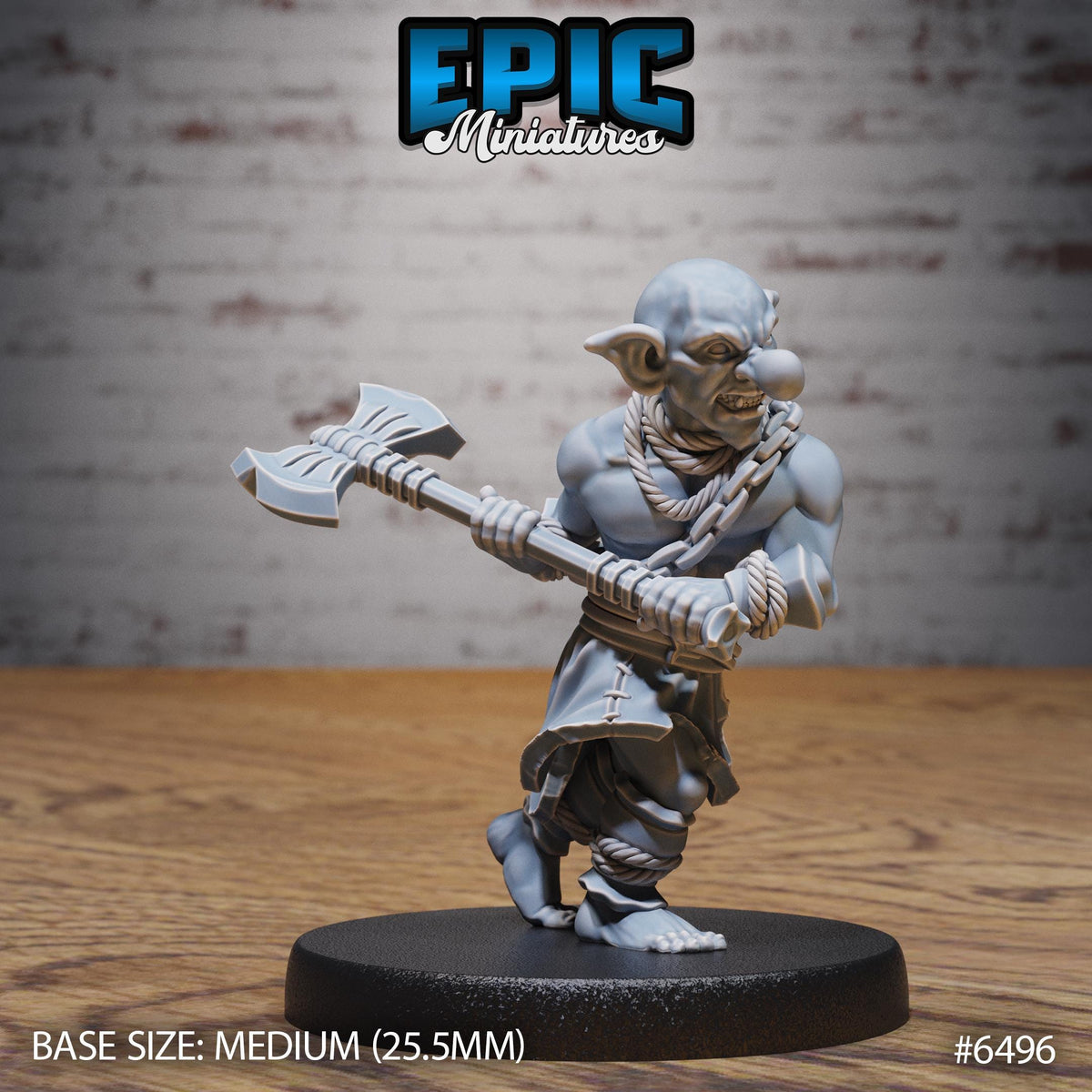 A figurine of a muscular, battle-ready dwarf wielding a large weapon, likely a sword or axe, against a brick wall background.