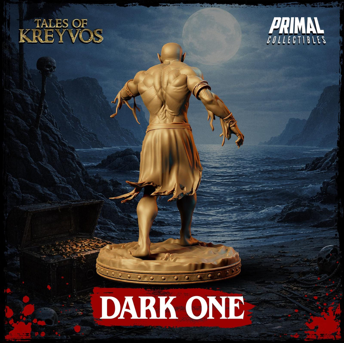 A golden statue of a muscular, bald, and hairy figure standing on a pedestal, with a dark, ominous background featuring a full moon, mountains, and a skull-like object.