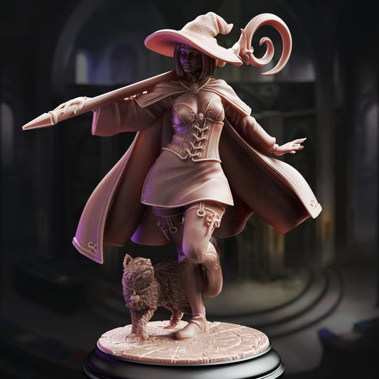 A detailed 3D model of a witch-like character with a pointed hat, standing on a pedestal and holding a staff.