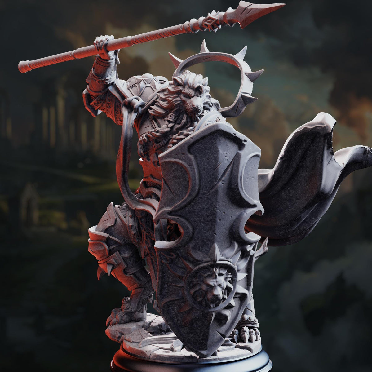 A detailed 3D rendering of a warrior figure, holding a spear and shield, standing in a fighting stance.
