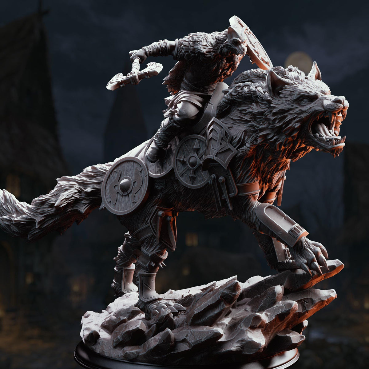 A detailed 3D rendering of a warrior figure riding a fierce-looking wolf-like creature, possibly a wolf or a dragon. The warrior is holding a shield and appears to be in a fighting stance, ready to engage in battle. The background is dark and shrouded in shadows, creating a sense of mystery and intensity.