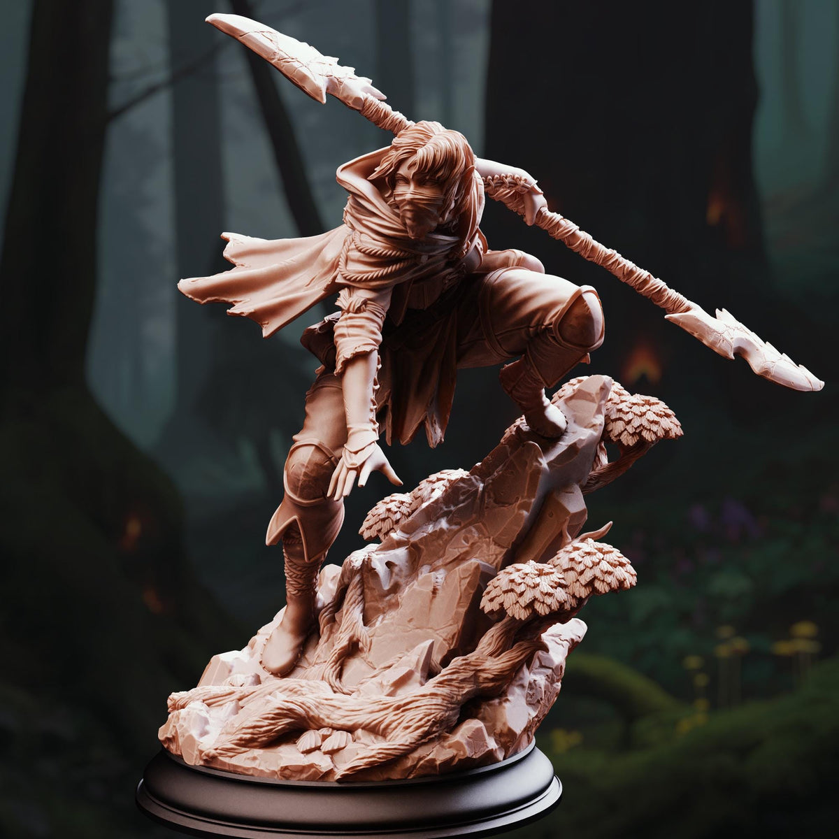 A detailed 3D model of a warrior figure wielding a spear and shield, standing on a rocky outcrop in a forest setting.