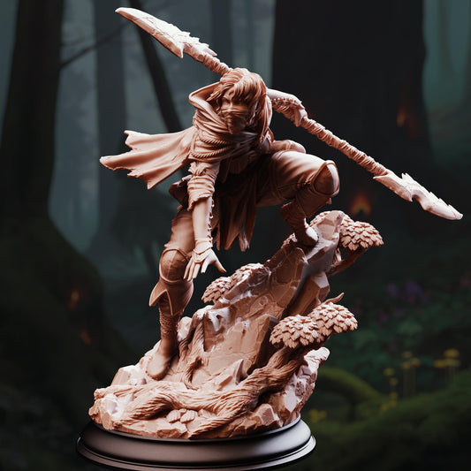A detailed 3D model of a warrior figure wielding a spear and shield, standing on a rocky outcrop in a forest setting.