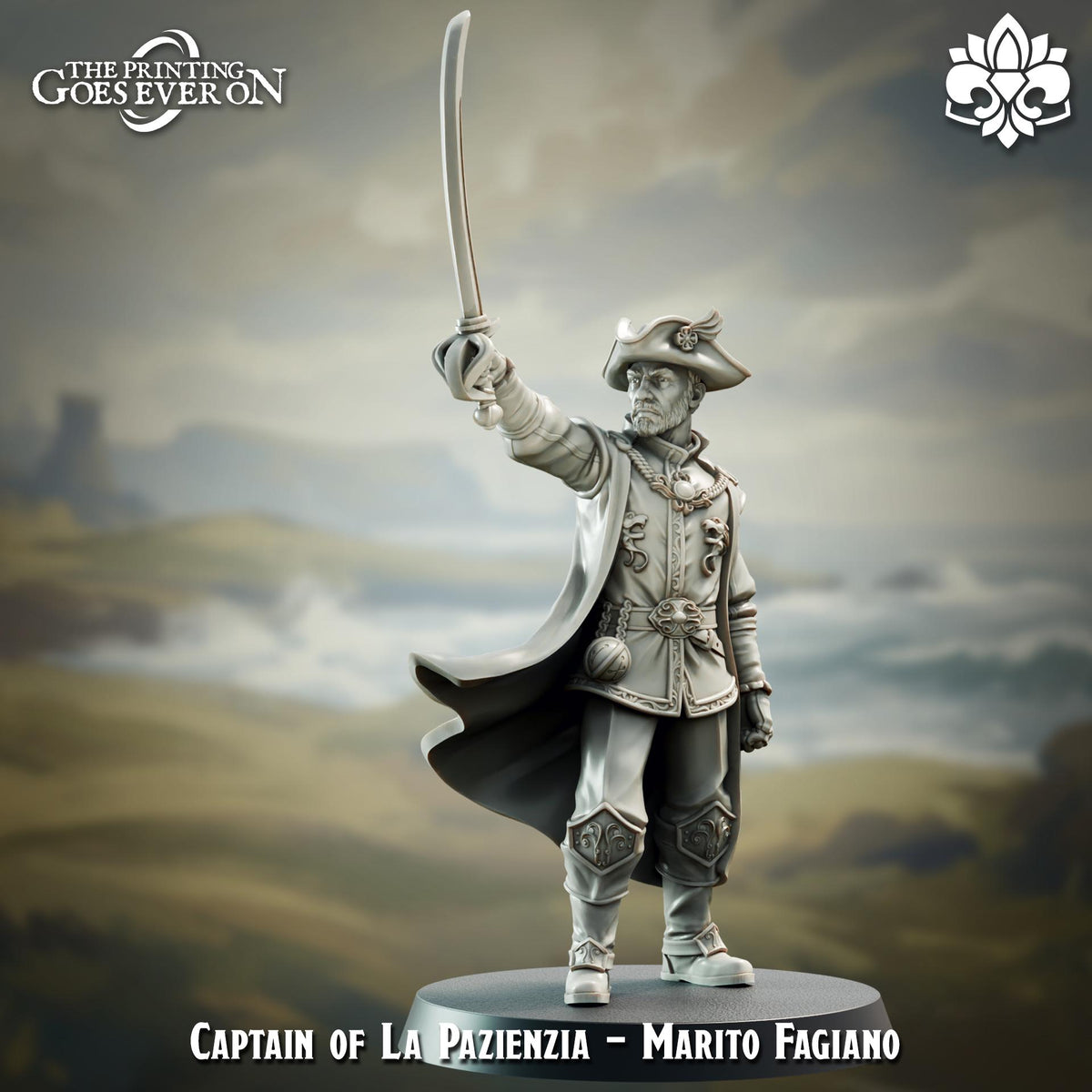 A statue of a man in a historical military uniform, standing in a dramatic pose with his sword raised, against a cloudy sky background.
