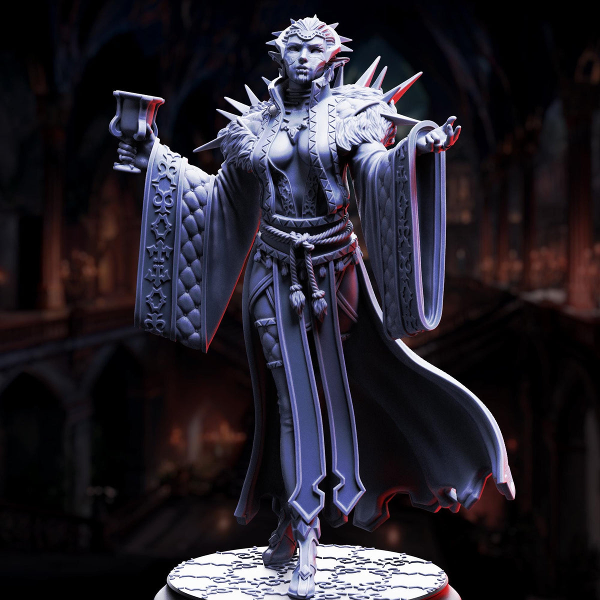 A detailed 3D rendering of a female fantasy character, possibly a queen or princess, standing in a dark, ornate setting with intricate patterns and designs.