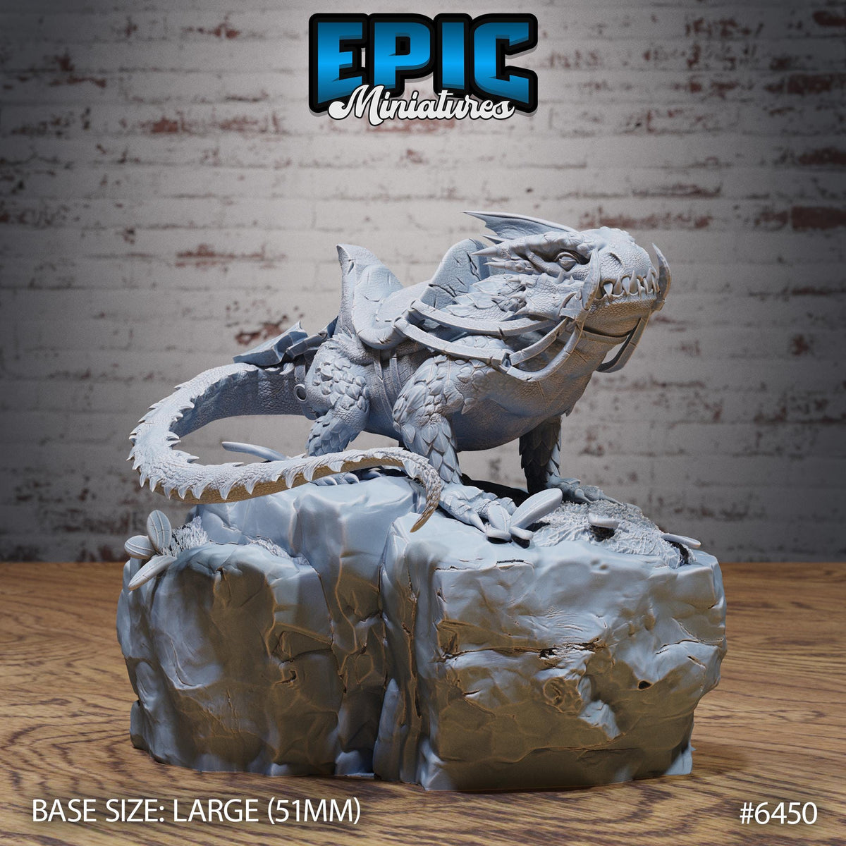 A 3D model of a dragon-like creature, possibly a miniature, sitting on a rock formation. The image is labeled as a "Epic Miniature" and is described as a "Large (51mm)" base size.