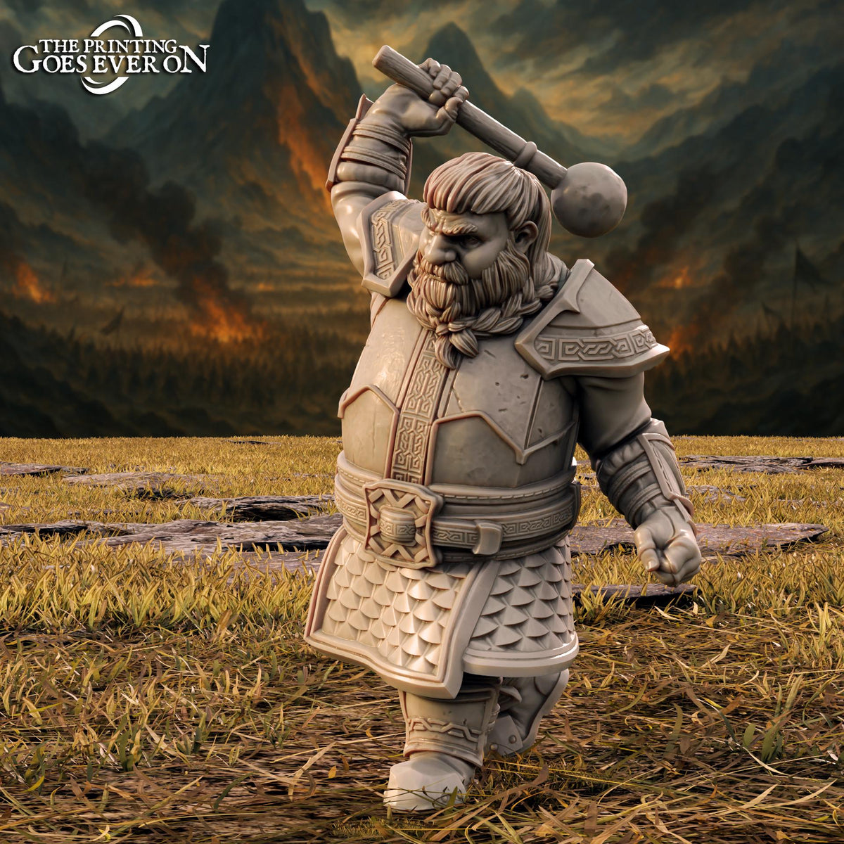 A 3D model of a dwarf warrior standing in a field, holding a hammer in his hand.