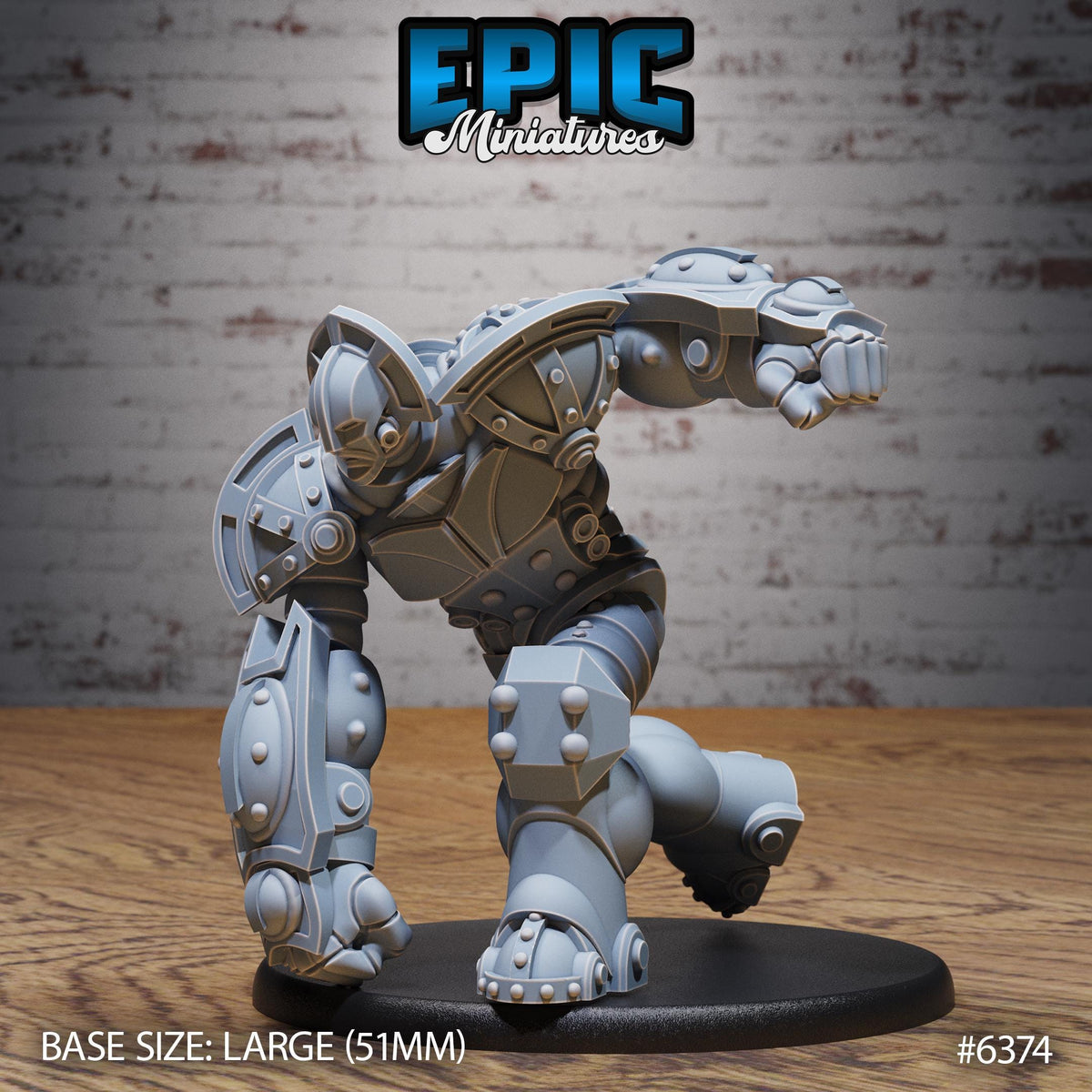 A 3D rendering of a large, gray armored robot with a detailed design and various mechanical components. The robot appears to be a miniature model, as indicated by the text "BASE SIZE: LARGE (511mm)" and "#6374" in the image.