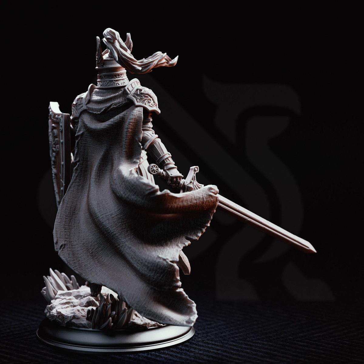 A detailed 3D model of a knight in armor, holding a sword and standing on a base.