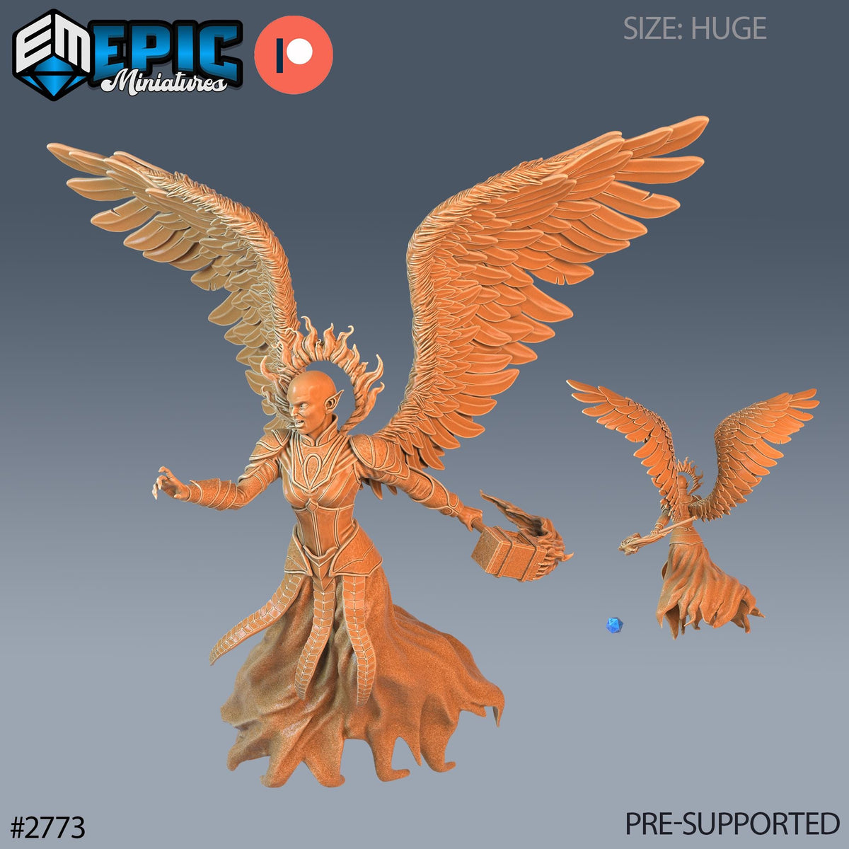 a 3D rendering of a winged figure with a flowing dress, holding a blue object in its hand. The figure appears to be a fantasy character with large, detailed wings. The image is a 3D model of a winged figure, and it is pre-supported, meaning it is ready for use in a game or other project.