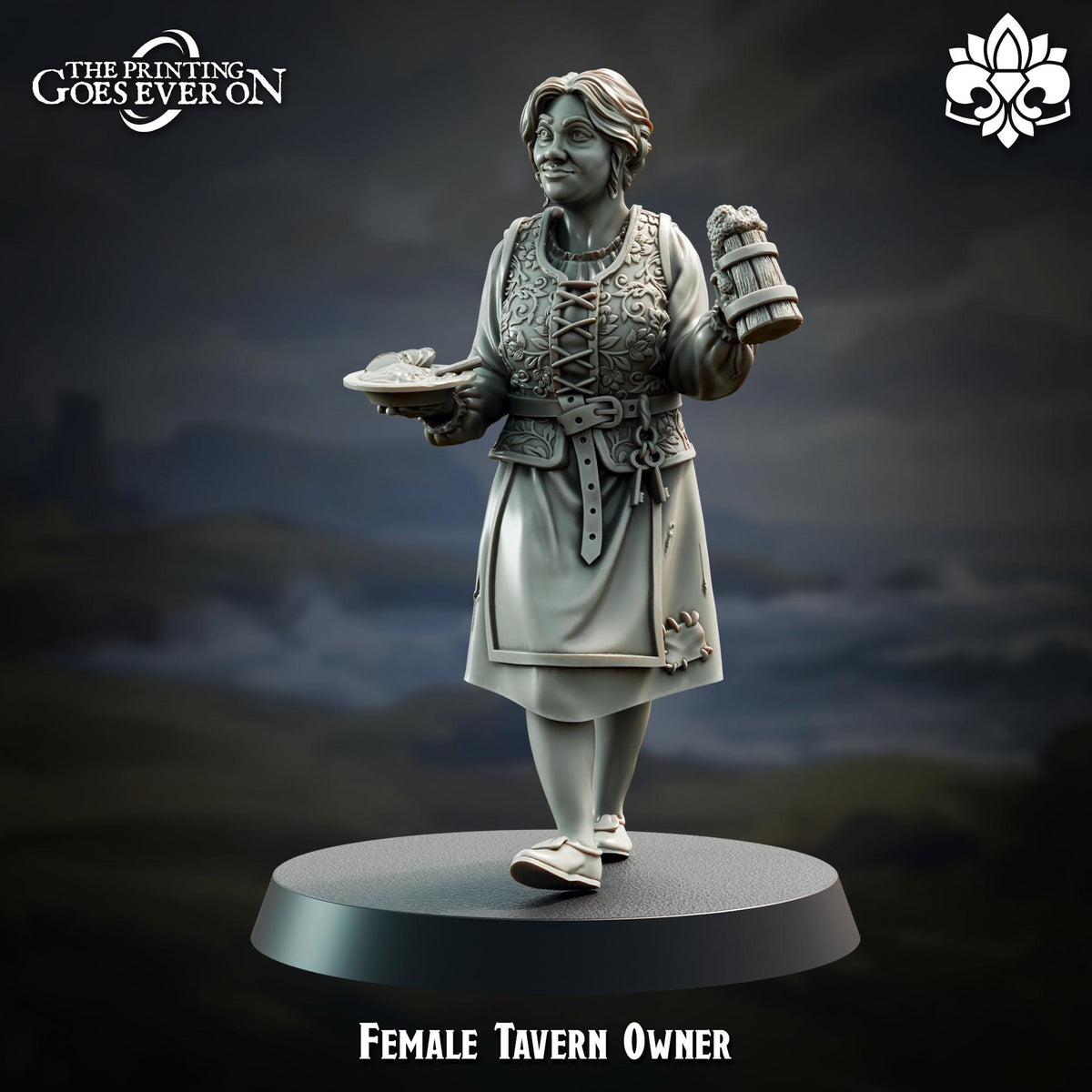 A statue of a female tavern owner standing on a pedestal.