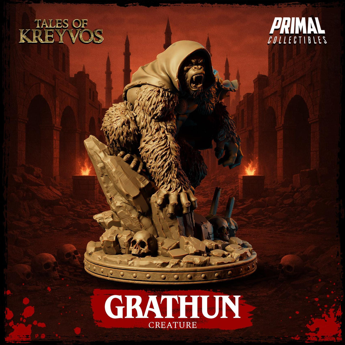 a large, hairy creature with a hooded cloak, standing on a pedestal and surrounded by skulls and bones, with a dark, ominous background.
