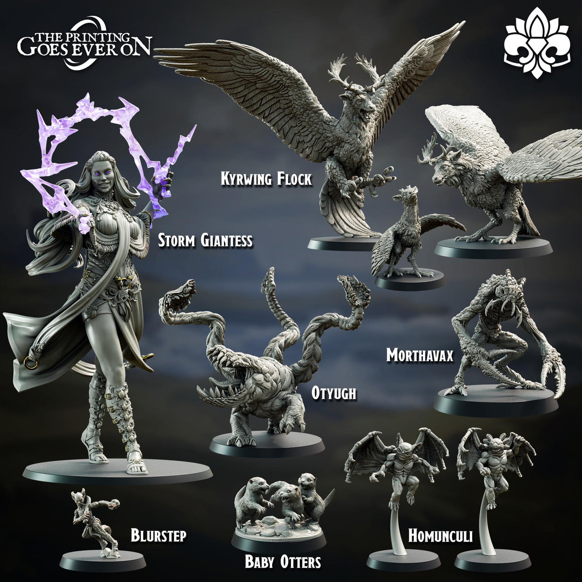 a collection of various fantasy-themed figurines, including a woman, a storm giantess, a Mortavax monster, a Otyugh dragon, a Blurstep, a Baby Otters, and a Homunculi.
