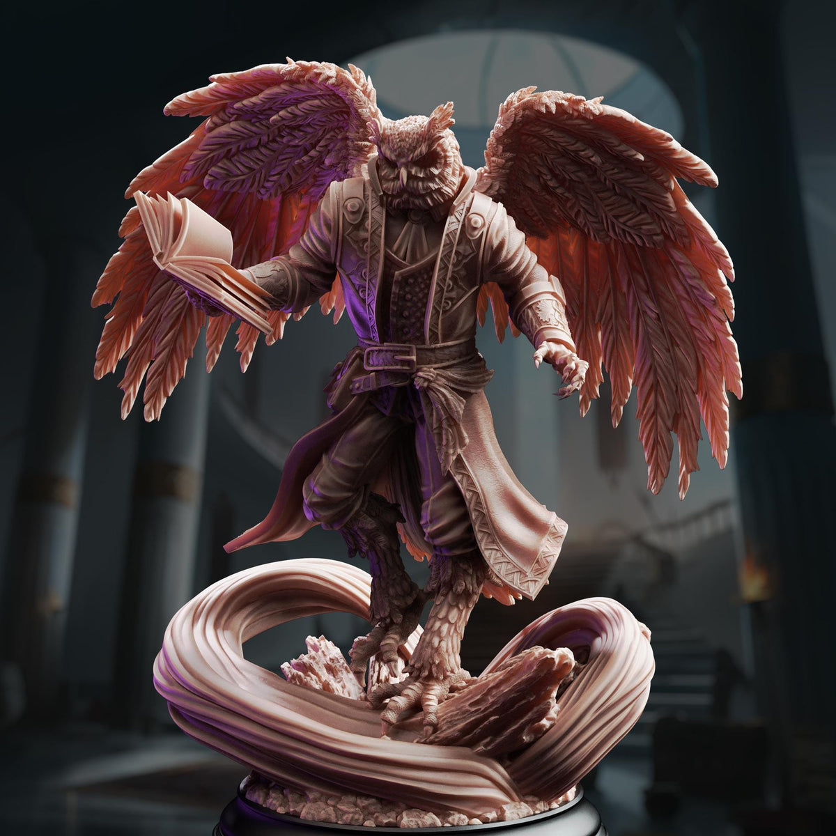 A detailed 3D rendering of a winged creature with a book in its hands, standing on a pedestal.