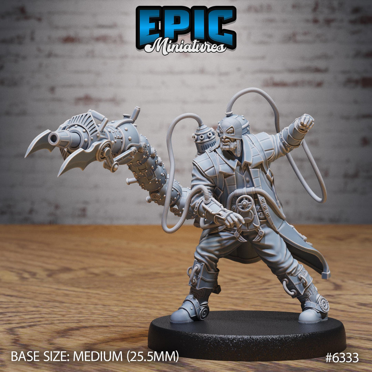 a detailed model of a futuristic-looking character, possibly a character from a video game or a sci-fi setting. The character is posed in a dynamic fighting stance, with various weapons and equipment attached to it. The image is described as a "MEDIUM" size, with a base size of 25.5 millimeters. The character is placed on a black base, and the image is numbered #6333.