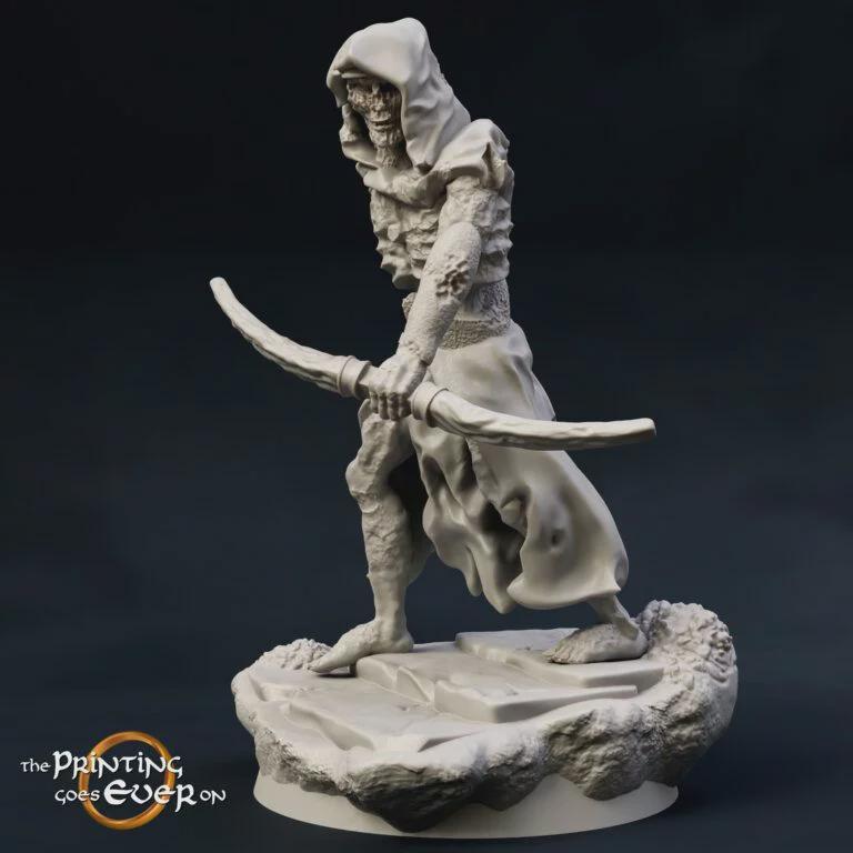 A white, detailed figurine of a figure holding a bow and arrow, standing on a rocky base against a dark background.