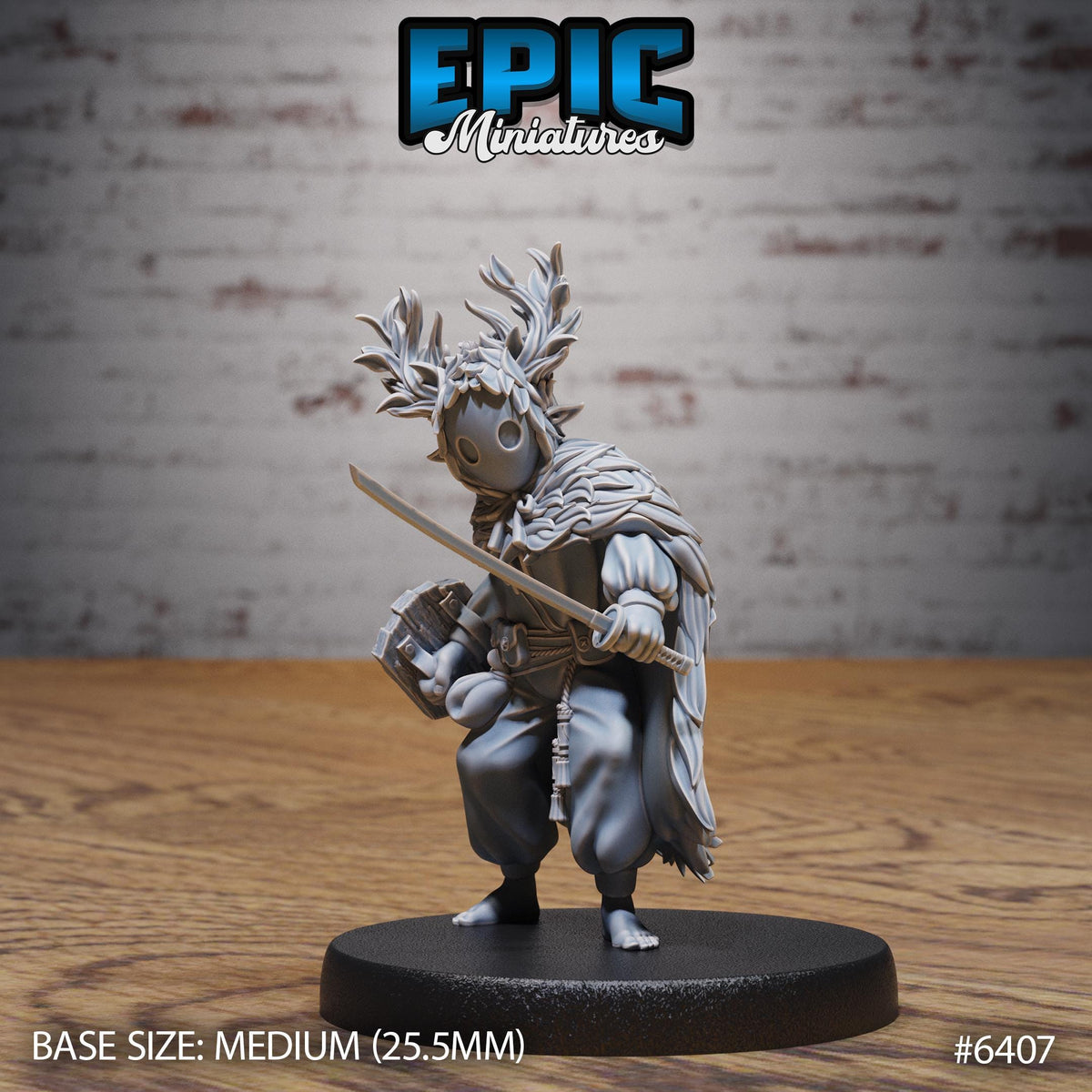 A figurine of a character with a large head and a sword, standing on a black base. The background is a brick wall.