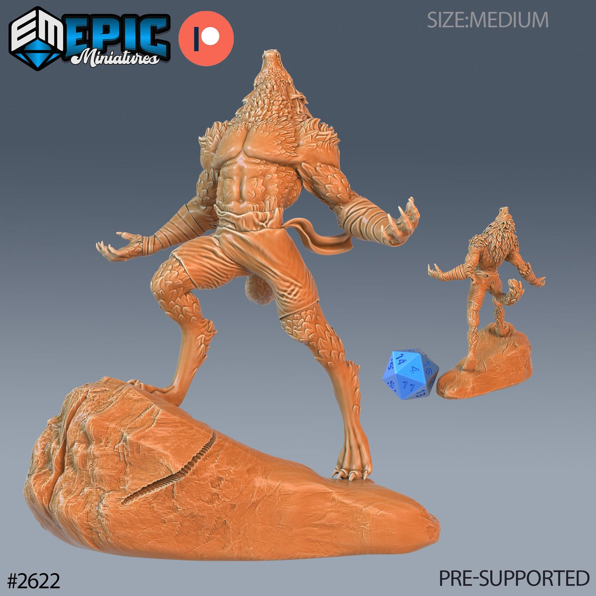 a 3D model of a wolf-like creature, possibly a werewolf or a wolf-like monster, standing on a rock formation. The creature has a fierce expression and appears to be in a fighting stance. There is also a blue dice in the image, which could be used for gameplay purposes. The image is pre-supported, meaning it is ready to be used in a game or other interactive experience.