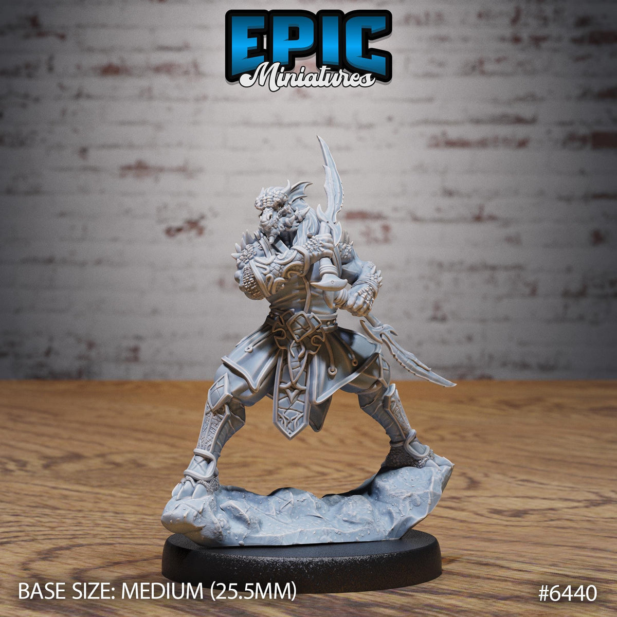 A detailed figurine of a warrior standing on a rock, holding a sword and shield, against a brick wall background.