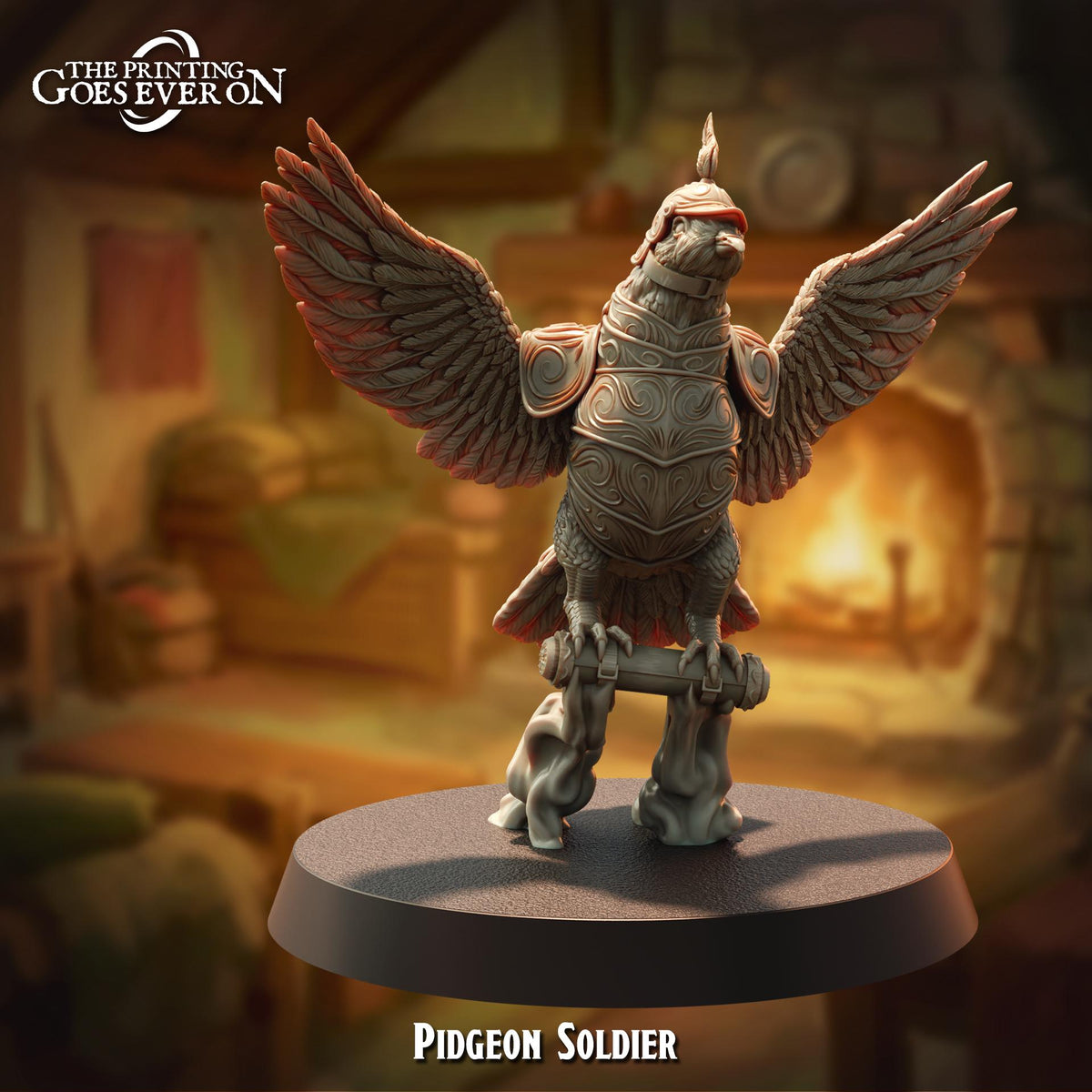 A figurine of a winged creature, resembling a soldier or a bird, standing on a platform and holding a weapon. The background appears to be a cozy, rustic interior with a fireplace and various objects.
