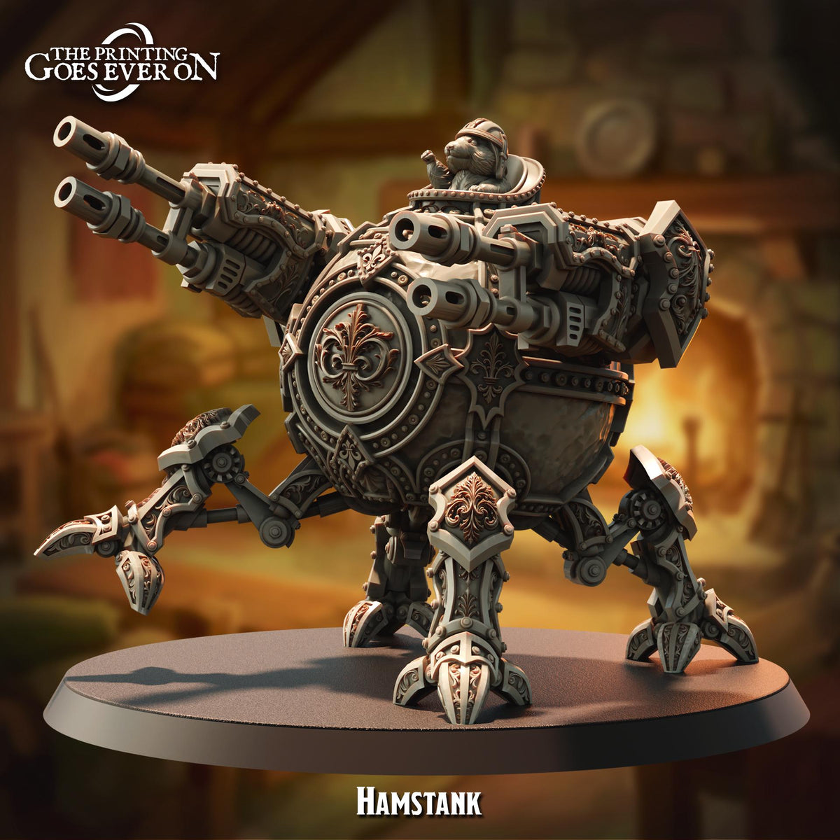 A detailed 3D rendering of a heavily armored and armed mechanical creature, resembling a large spider or robot, with multiple arms and a round head. The creature is set against a blurred background, giving it a mechanical and futuristic appearance.