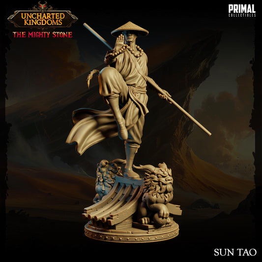 The image is a 3D model of a statue of a Chinese monk or warrior, wearing traditional clothing and wielding a weapon. The statue is set against a dark, dramatic background with clouds and mountains in the distance.