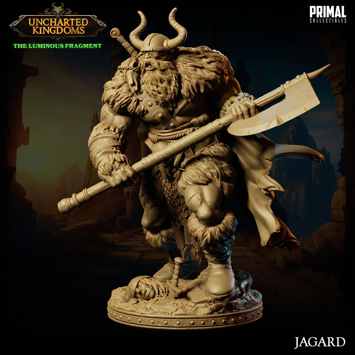 a detailed, realistic statue of a Viking warrior holding a large weapon, likely a sword or axe, and standing in a dark, cave-like setting.