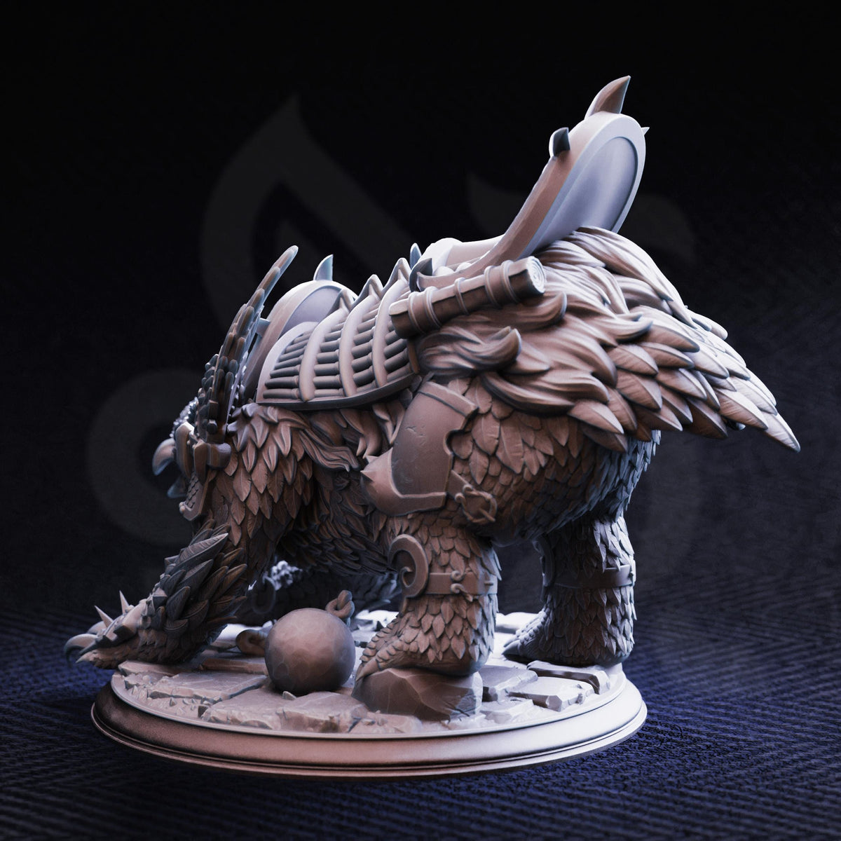A detailed 3D model of a fantastical creature, possibly a dragon or mythical beast, with intricate armor and weapons.