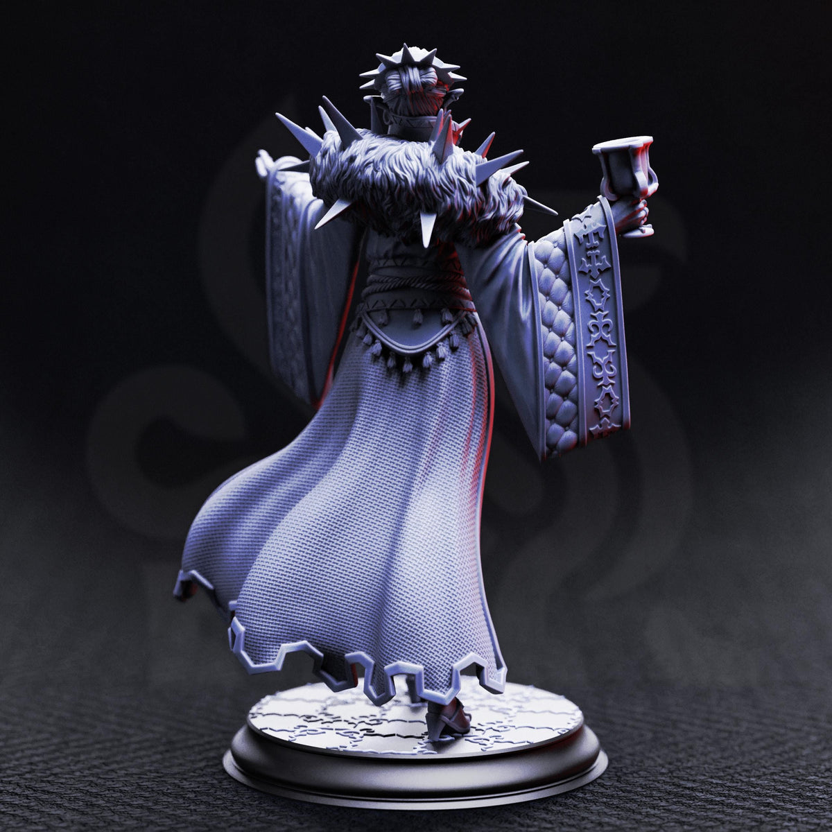 A detailed 3D model of a fantasy character, possibly a queen or king, wearing a long robe with spikes and holding a cup.